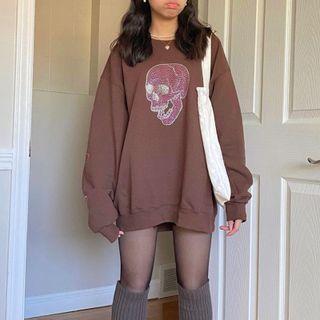 Long Sleeve Skull Rhinestone Loose-fit Sweatshirt