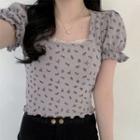 Balloon-sleeve Floral Print Knit Top Purple - One Size