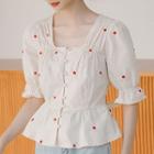 Elbow-sleeve Floral Embroidered Peplum Top