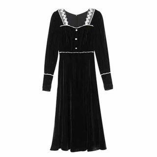 Long-sleeve Lace Trim Faux Pearl Midi A-line Dress