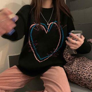 Long-sleeve Heart Print Knit Sweater Black - One Size