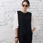 Pleated-sleeve Color-block Top Black - One Size