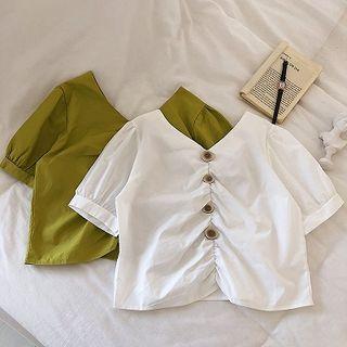 Plain V-neck Frilled Single-breasted Blouse