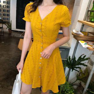 Short-sleeve Perforated Buttoned A-line Mini Dress