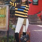 Mock-turtleneck Bell-sleeve Color Block Knit Sweater