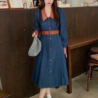 Long-sleeve Faux Leather Panel Denim Shirtdress