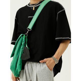 Elbow-sleeve Contrast Stitching Lettering T-shirt