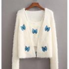 Set: Butterfly Embroidered Fluffy Camisole Top + Cardigan Set - Camisole Top & Cardigan - Blue Butterfly - White - One Size