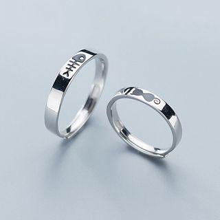 925 Sterling Silver Cat / Fish Ring 1 Pair - Silver - One Size