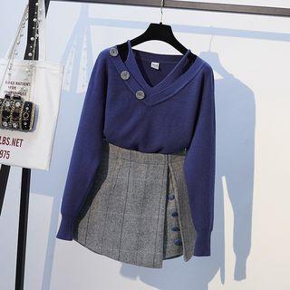Set: Mock Two-piece Sweater + Plaid Mini Skort