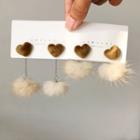 Heart Pom Pom Drop Earring 1 Pair - Off-white & Brown - One Size