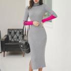 Color Block Long-sleeve Sheath Midi Knit Dress