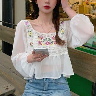 Eyelet-knit Panel Chiffon Top