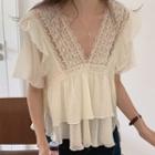 Short-sleeve V-neck Lace Panel Ruffled Trim Chiffon Blouse Almond - One Size