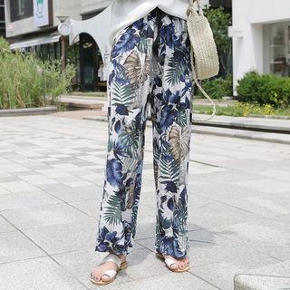 Drawstring-waist Foliage Wide-leg Pants