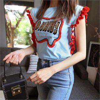 Frill-sleeve Lettering T-shirt