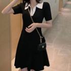 Short-sleeve V-neck Knit Mini A-line Dress Black - One Size