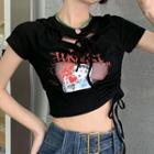 Short-sleeve Cat Print Cropped T-shirt Black - One Size