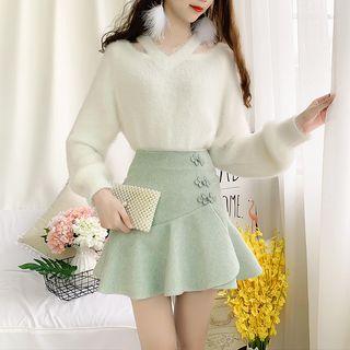 Set: Cross Strap Furry Sweater + Frog Buttoned Mini A-line Skirt