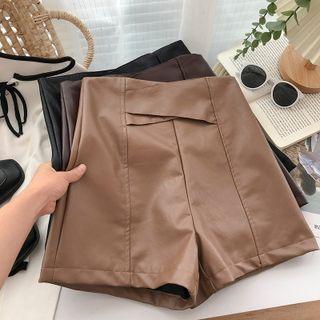 Plain High-waist Pu Wide Leg Shorts