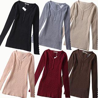 Ribbed V-neck Long-sleeve Henley