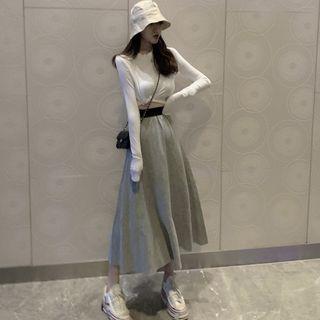 Long-sleeve Cropped T-shirt / A-line Midi Skirt