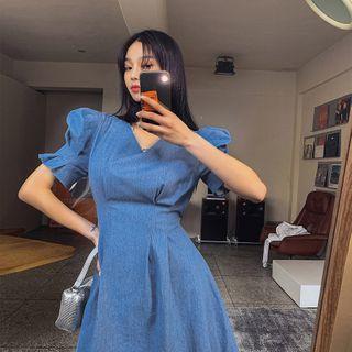Puff-sleeve Pintuck-waist Denim Dress Blue - One Size