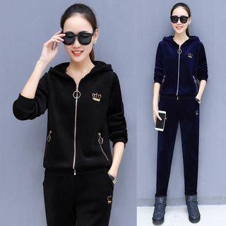 Set: Embroidered Velvet Hooded Jacket + Track Pants