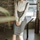 Set: Lace Long-sleeve Top + Suspender Pencil Skirt