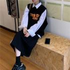 Striped Long-sleeve Loose-fit Shirt / Set: Lettering Vest + Midi Skirt