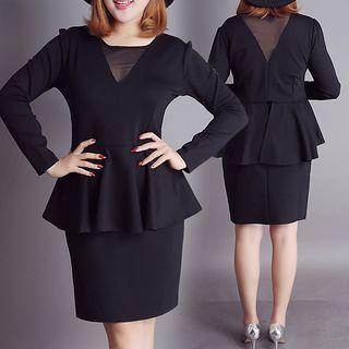 Mesh Panel Long Sleeve Peplum Dress