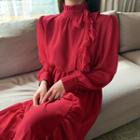 Long-sleeve Ruffle Chiffon Dress Red - One Size