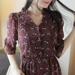 3/4-sleeve Floral Print Shirtdress