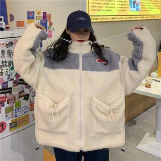 Drawstring Letter Embroidered Shearling Zipped Jacket