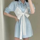 Mock Two-piece Short-sleeve Bow-front Mini Shirtdress