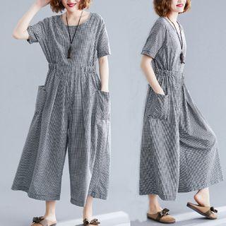 Plaid Short-sleeve Wide-leg Jumpsuit