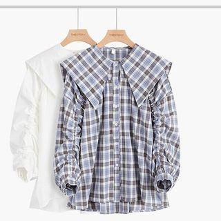 Long-sleeve Plaid Wide-collar Shirt