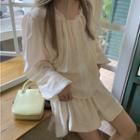 Long-sleeve Lace Trim Blouse / Mini Skirt