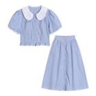 Set: Puff-sleeve Striped Blouse + Midi A-line Skirt
