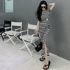Striped Cutout-waist Slited Midi Dress