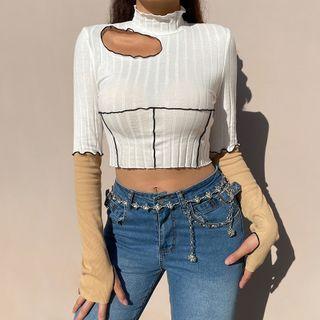 Mock-neck Color Block Cutout Knit Crop Top