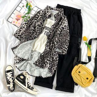 Elbow-sleeve Leopard Print Shirt / Lettering Tank Top / Wide-leg Pants