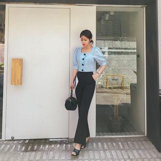 Square-neck Puff-sleeve Crop Blouse