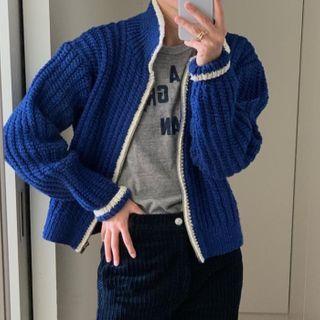 Contrast Trim Knit Cardigan Blue - One Size