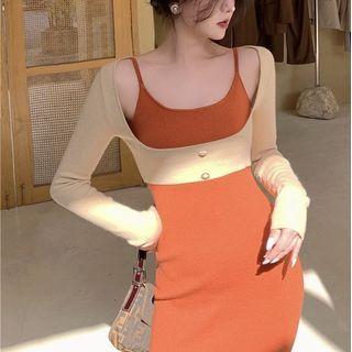 Spaghetti Strap Knit Midi Sheath Dress / Long-sleeve Crop Top