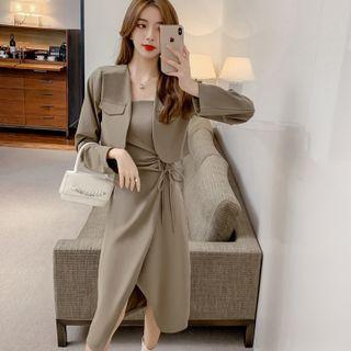 Set: Spaghetti Strap Tie-waist A-line Dress + Cropped Open-front Jacket