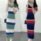 Short-sleeve Striped Maxi Knit Dress