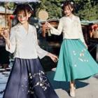 Set: Long-sleeve Embroidered Hanfu Top + Midi Skirt