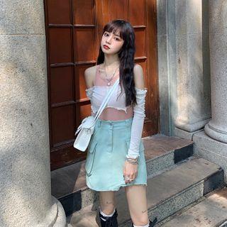 Long-sleeve Off-shoulder Crop Top / Tank Top / Denim A-line Mini Skirt / Set
