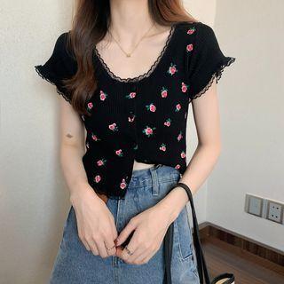 Short-sleeve Floral Print Slim-fit Top